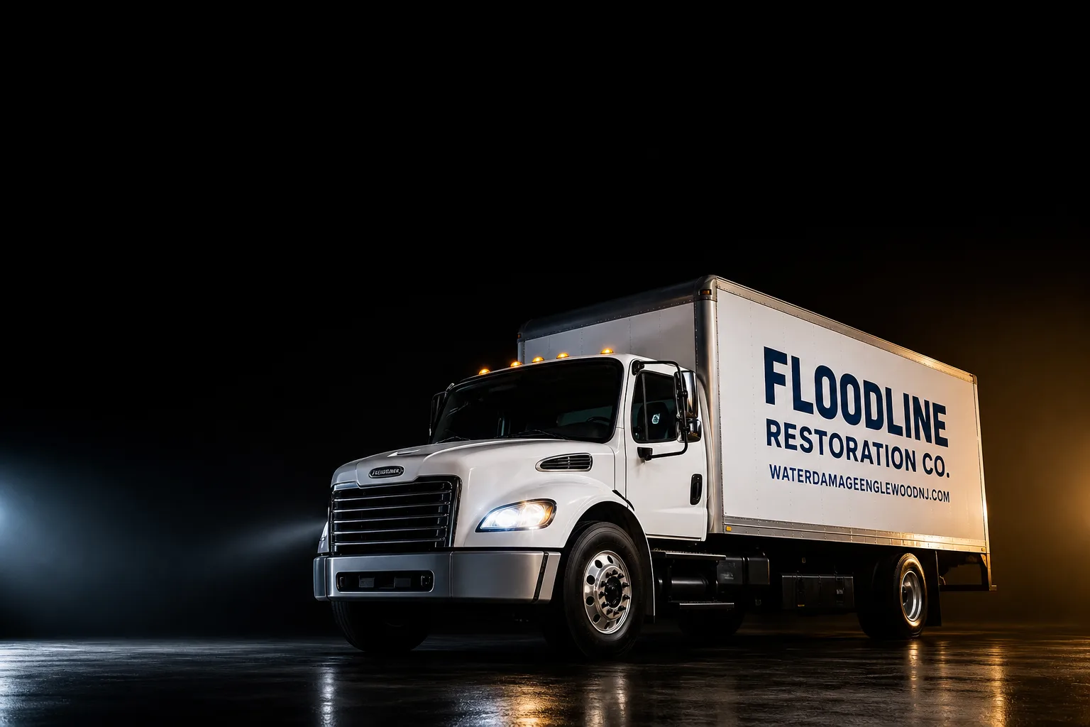 Floodline Restoration Co. damage restoration service vehicle and crew in Englewood, NJ